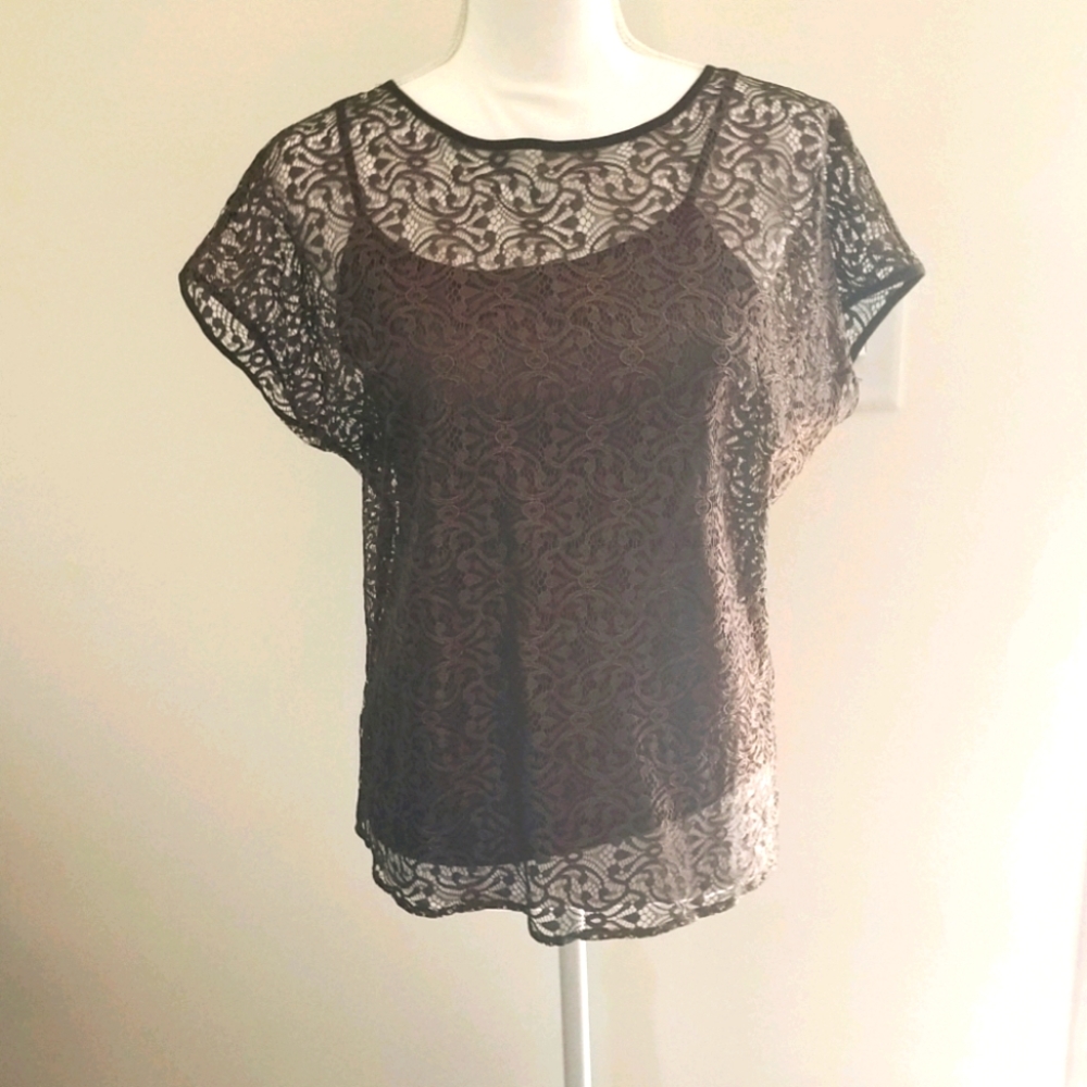 Ann taylor sheer lace rust metallic blouse…